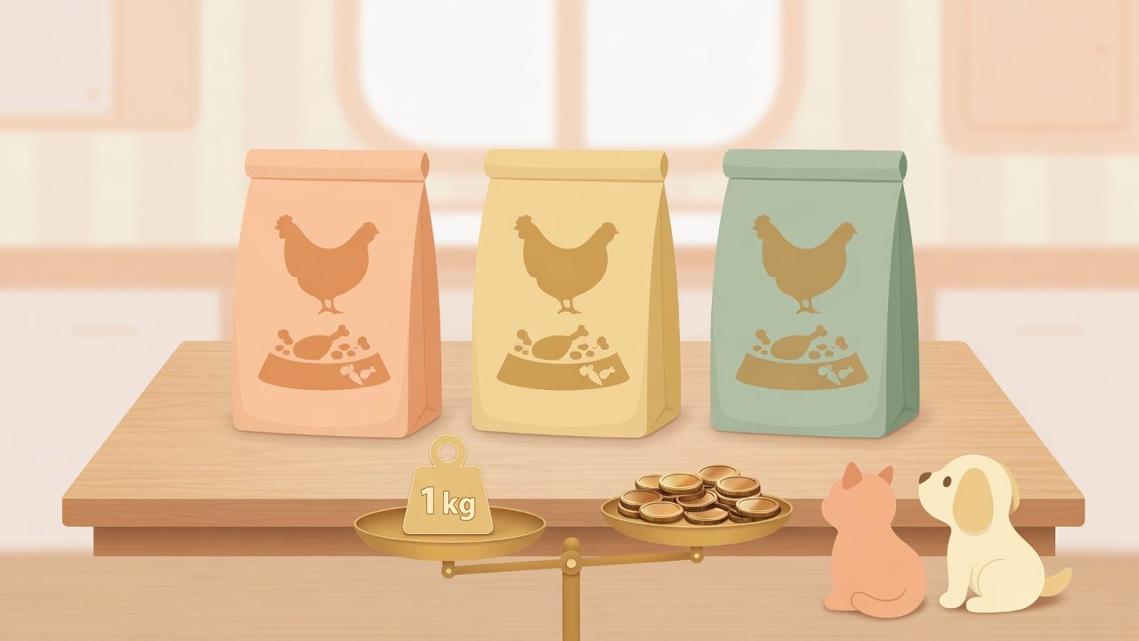 ペットフードの容量と入数から単価を出すイラスト