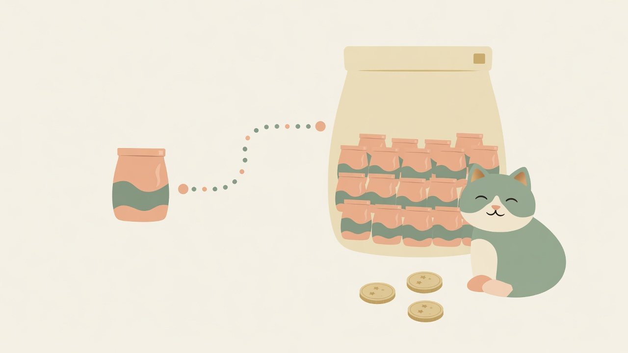 小分けのパウチが並ぶそばで待つ猫のイラスト