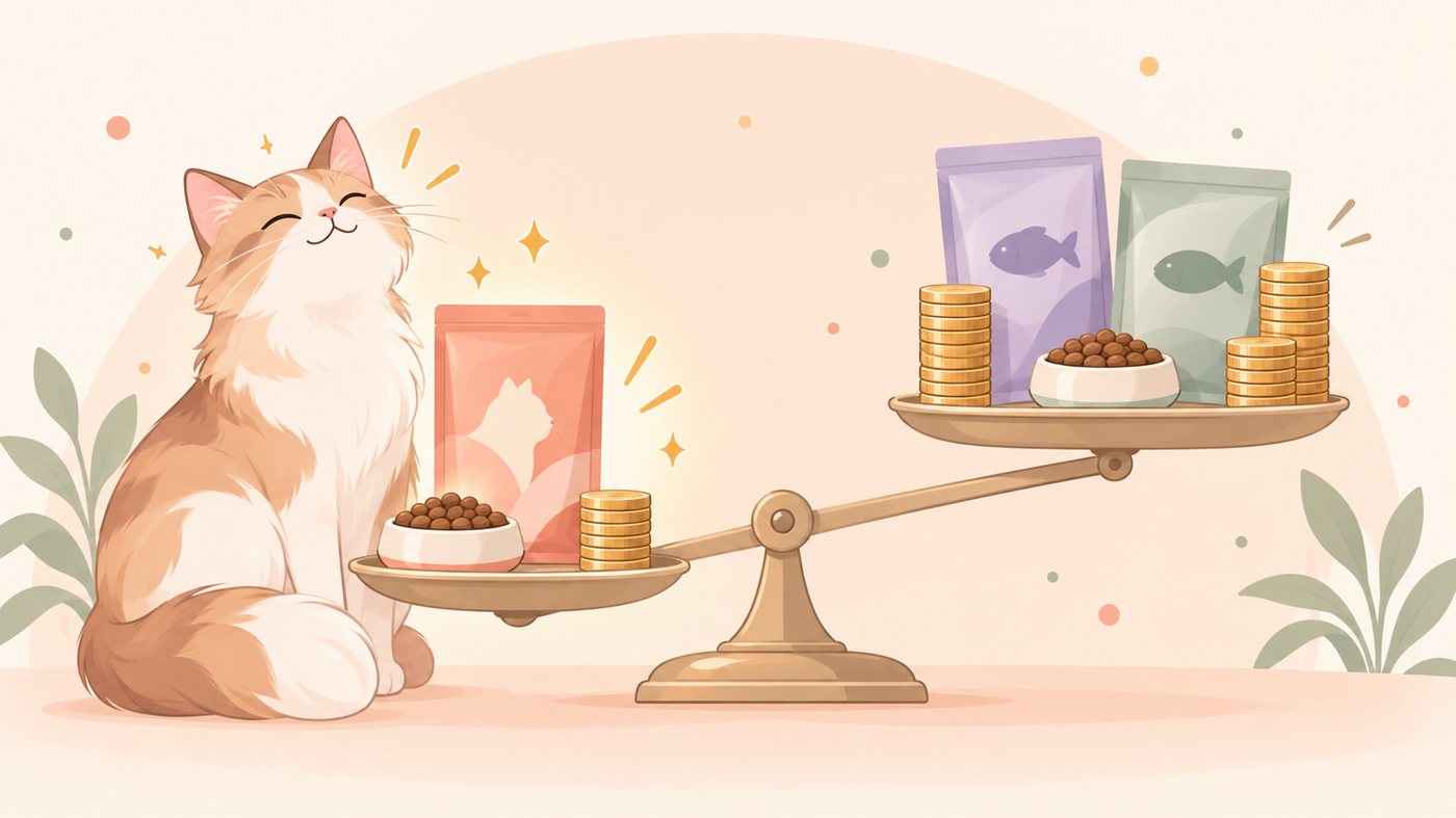 チーズ入りのおやつを前にした猫と犬のイラスト