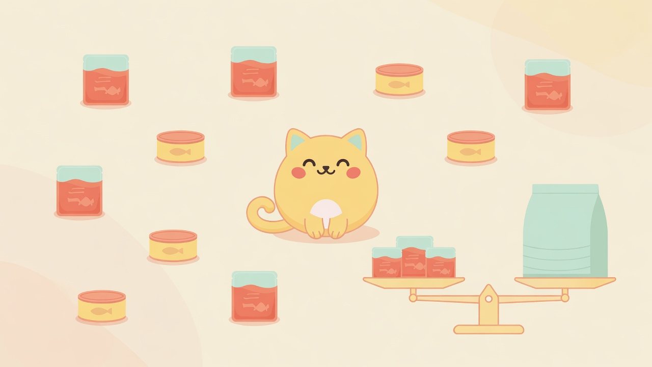 85gの猫缶が並ぶそばでくつろぐ猫のイラスト