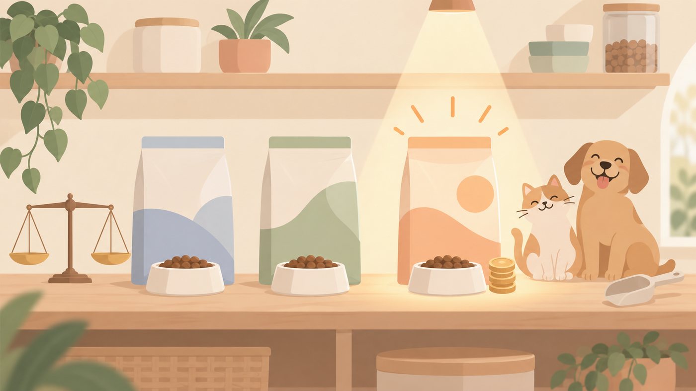 小袋のおやつと大きめの袋のフードを並べたイラスト