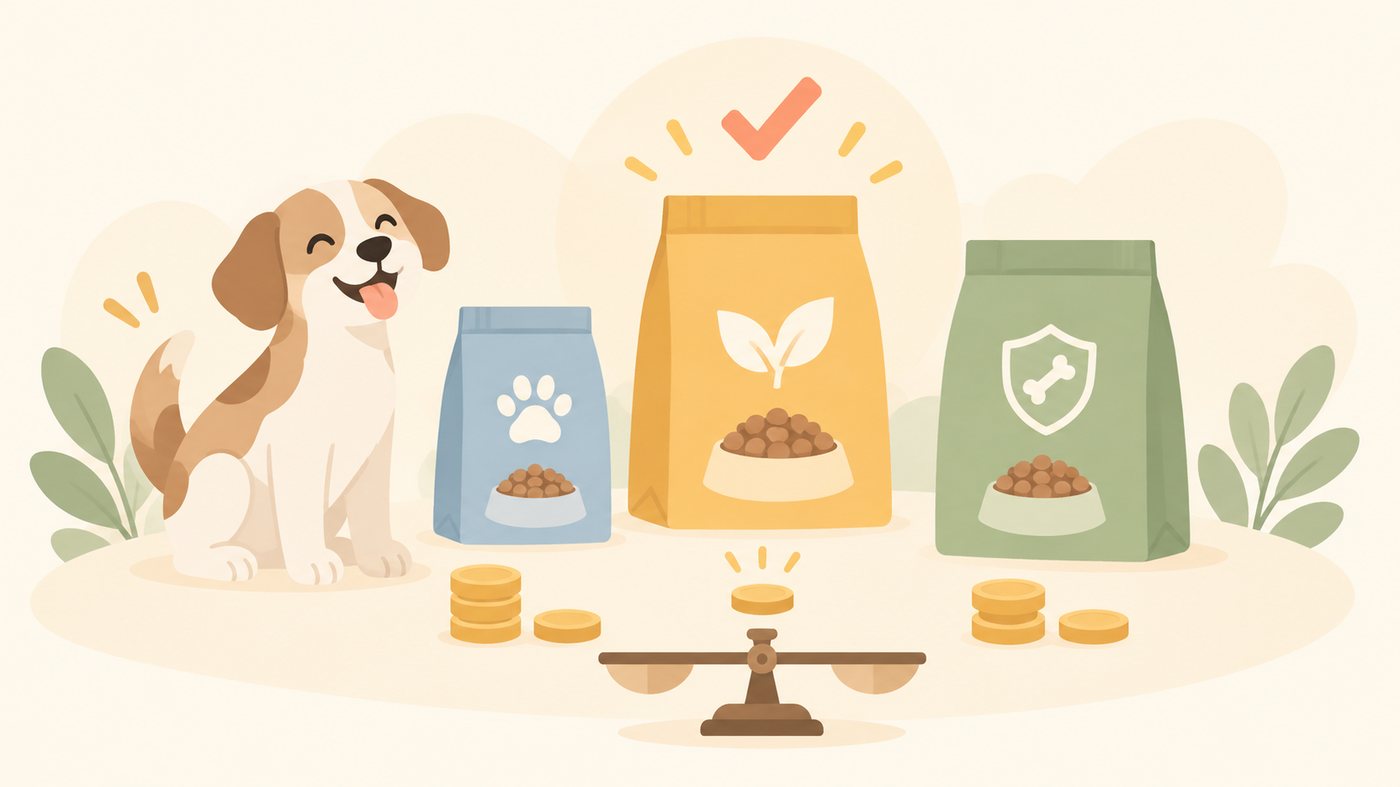 ビーフのドッグフードを前にした犬のイラスト