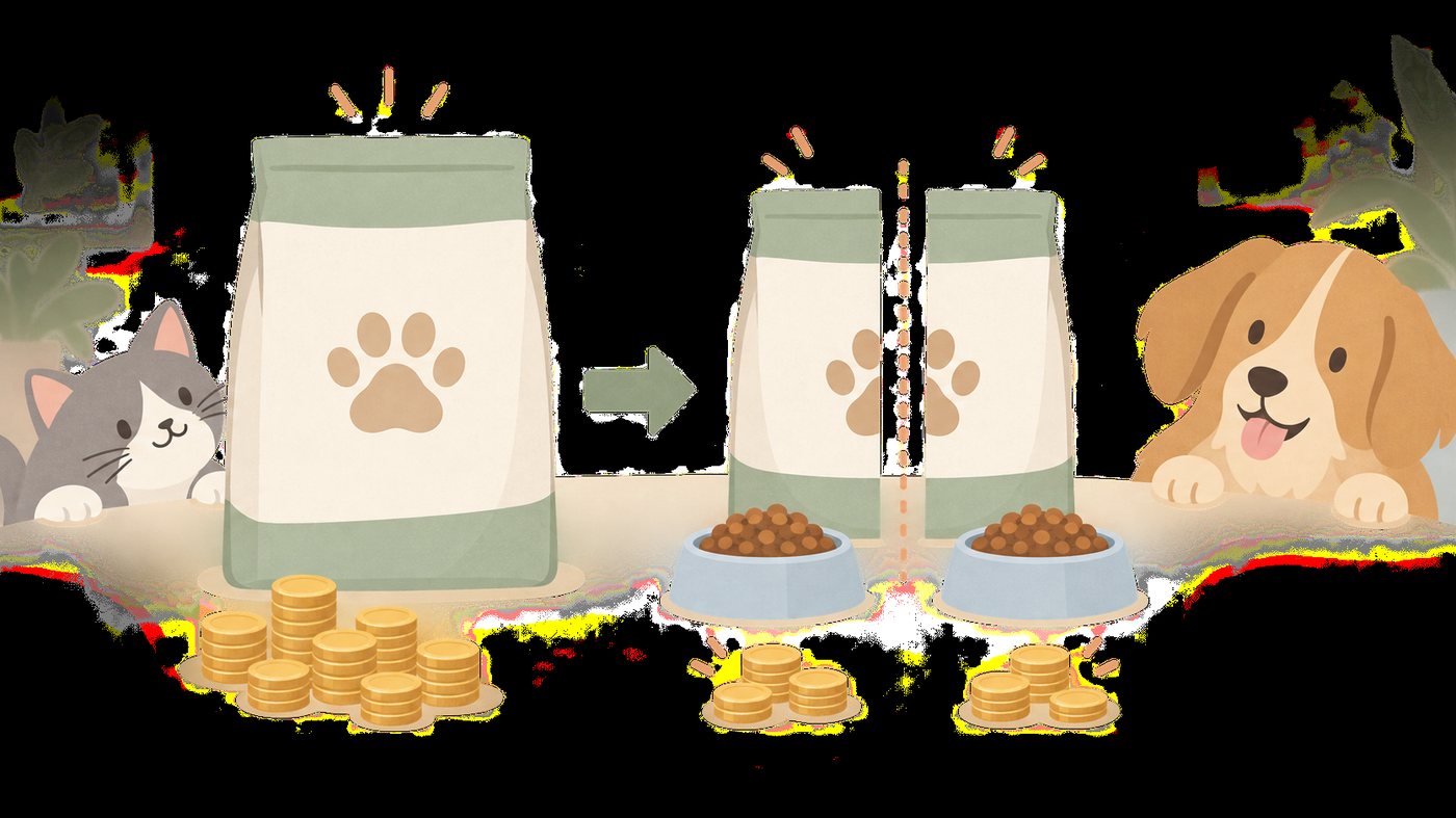 フードの袋を前にした犬・猫・うさぎのイラスト