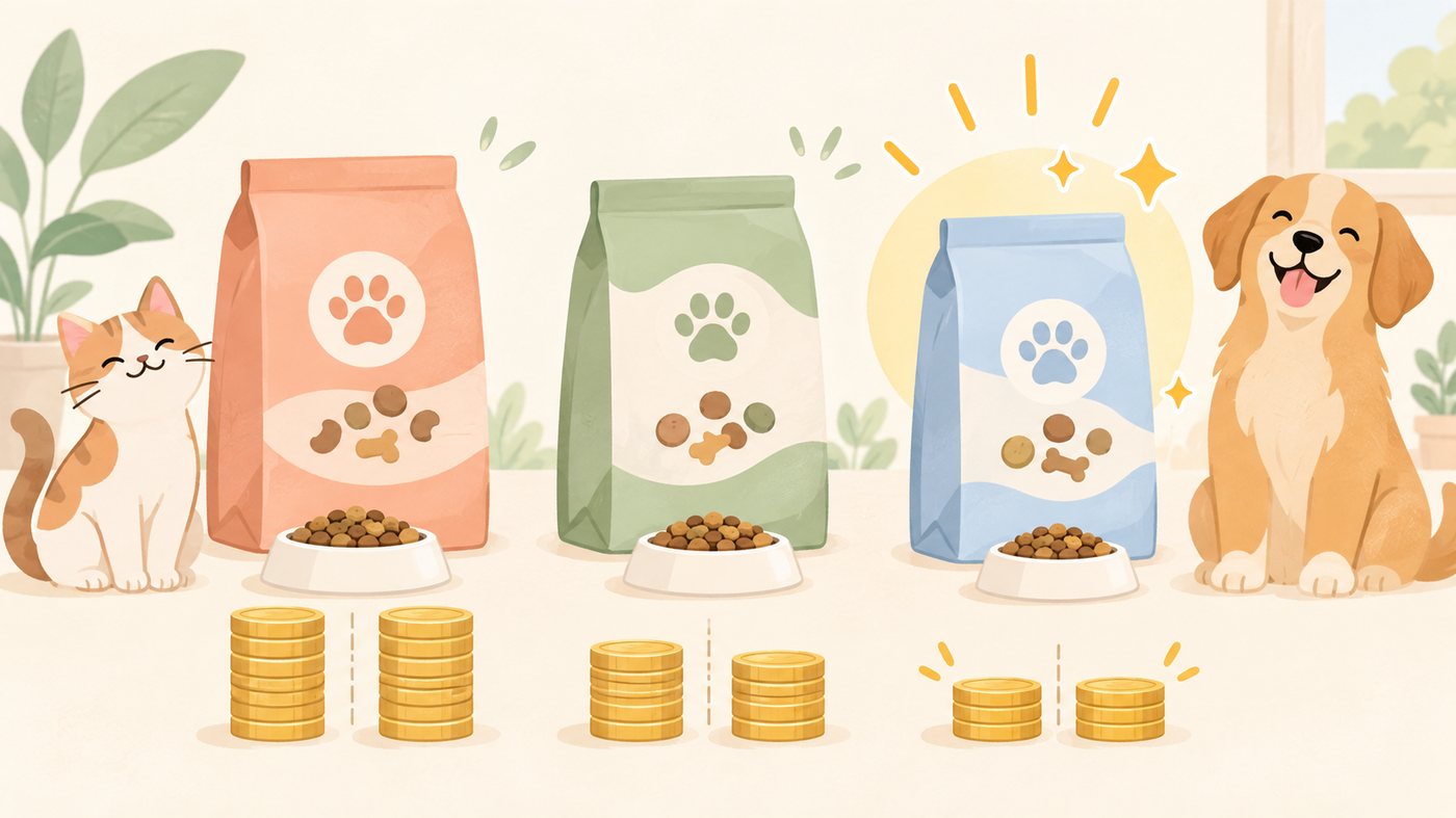 犬用・猫用・うさぎ用に分けたフードの棚のイラスト