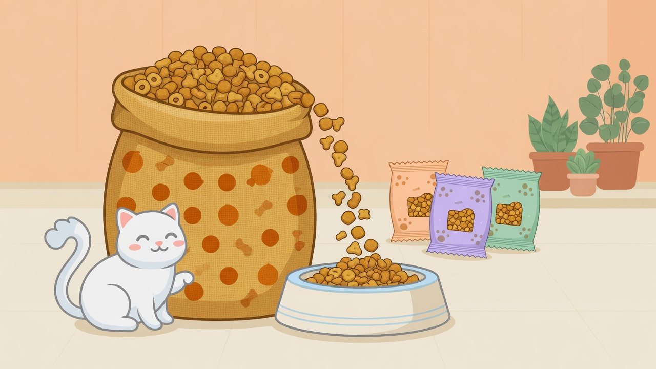 大袋とケースのドライフードを1gあたりで比べるイラスト