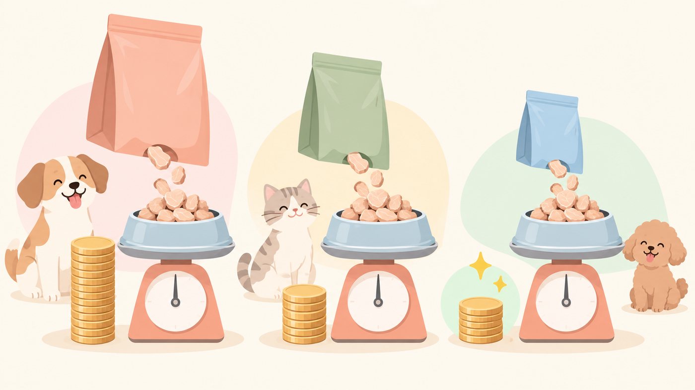 個包装と大袋を並べて単価を計算するイラスト