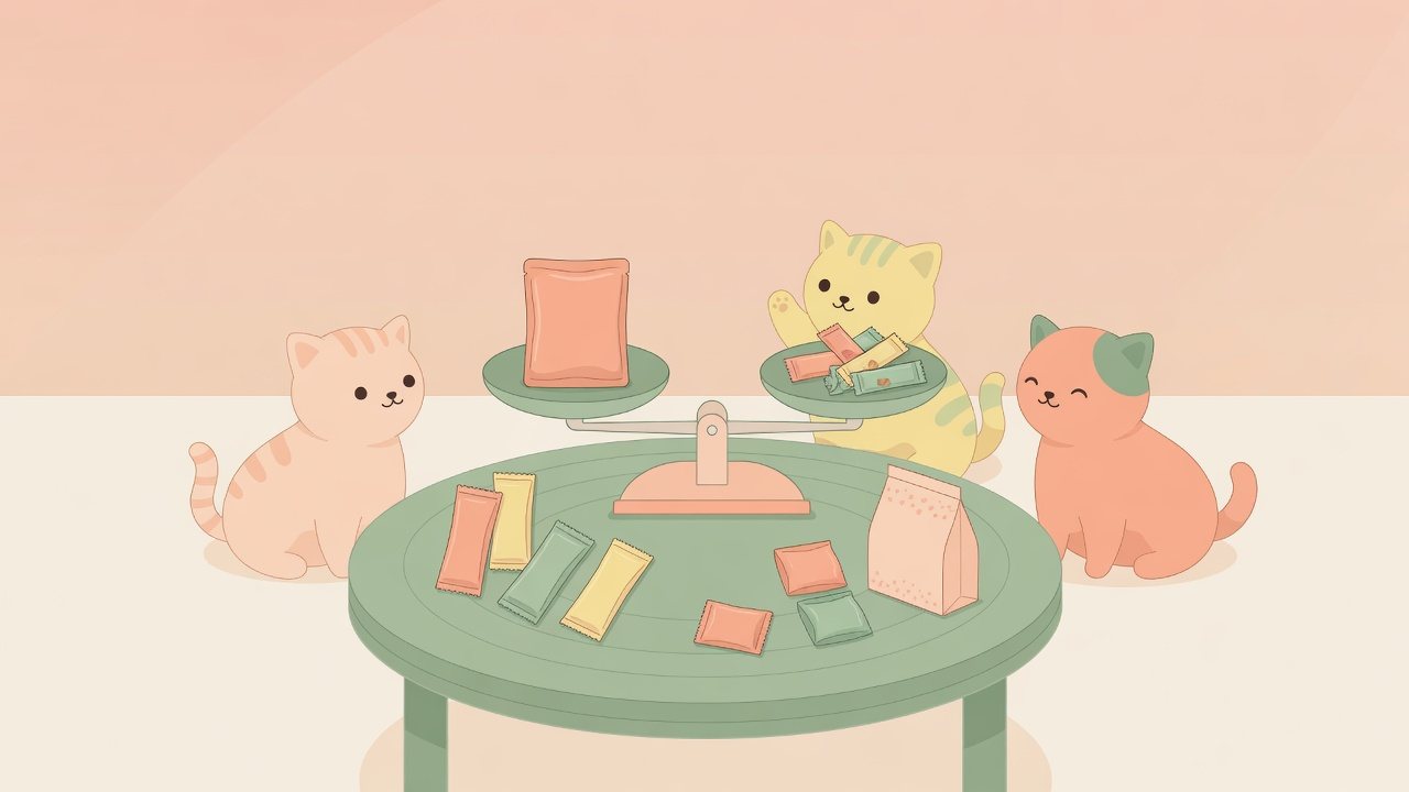 ちゅーるとパウチを前にくつろぐ猫のイラスト