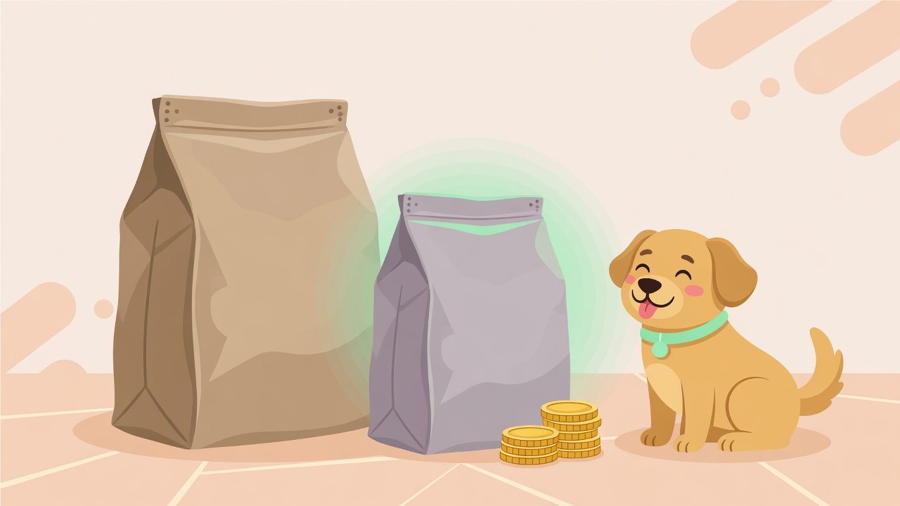 犬用ドライフードの袋と計量カップ