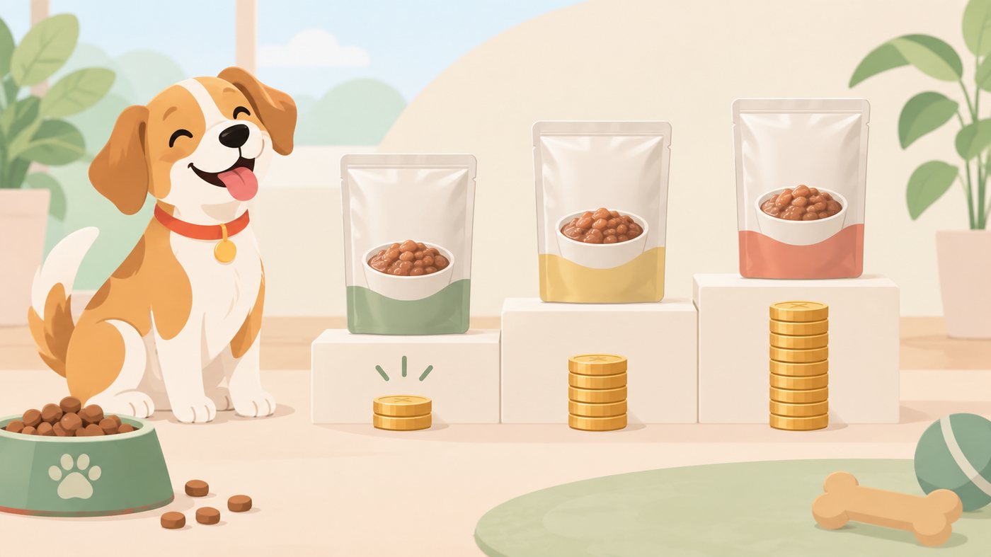 80gのパウチを前にした犬のイラスト