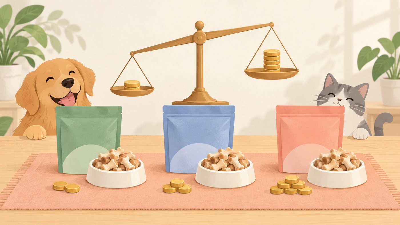 袋・パック・缶を並べて単価を比べるイラスト