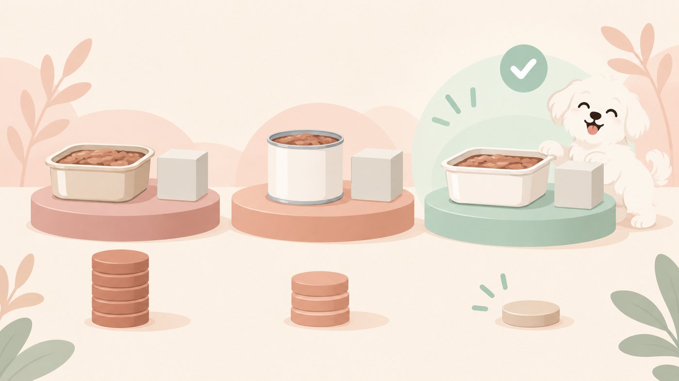 ウェットフードのトレイの前で待つ犬のイラスト