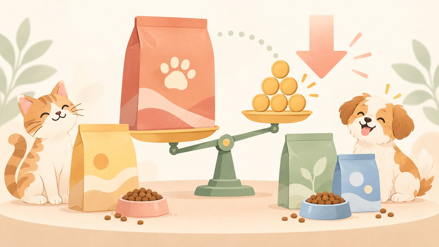 犬用と猫用のペットフードを分けて選ぶイメージ