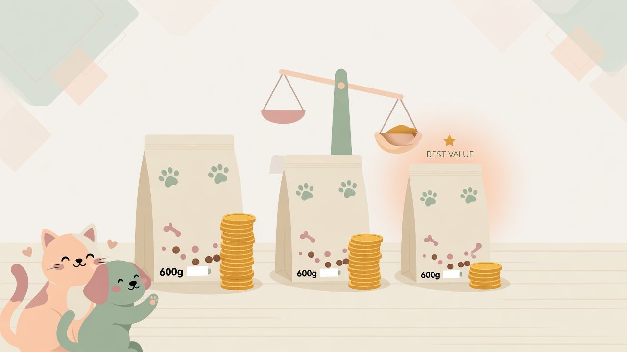 猫用の1袋と犬用のまとめ買いを分けて並べたイラスト
