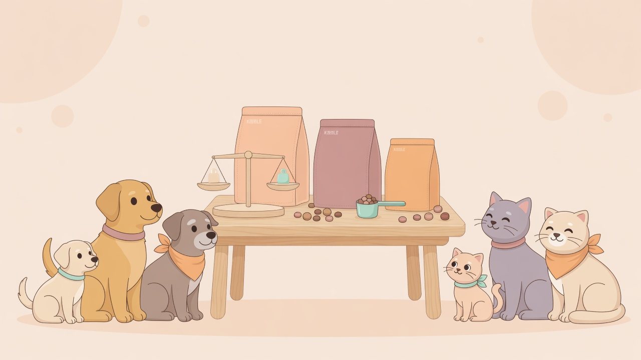 全年齢のペットフードを犬用の袋と猫用の複数個で比べるイラスト