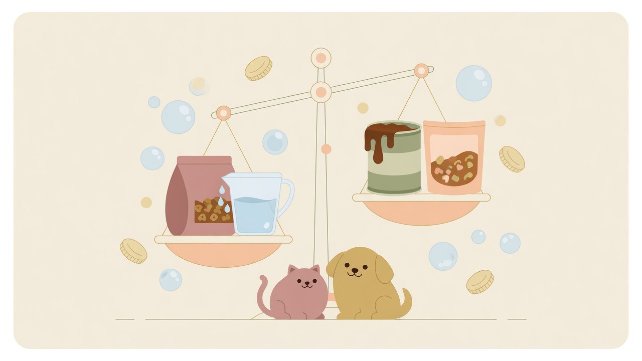 水分補給のペットフードとフードボウルのイラスト