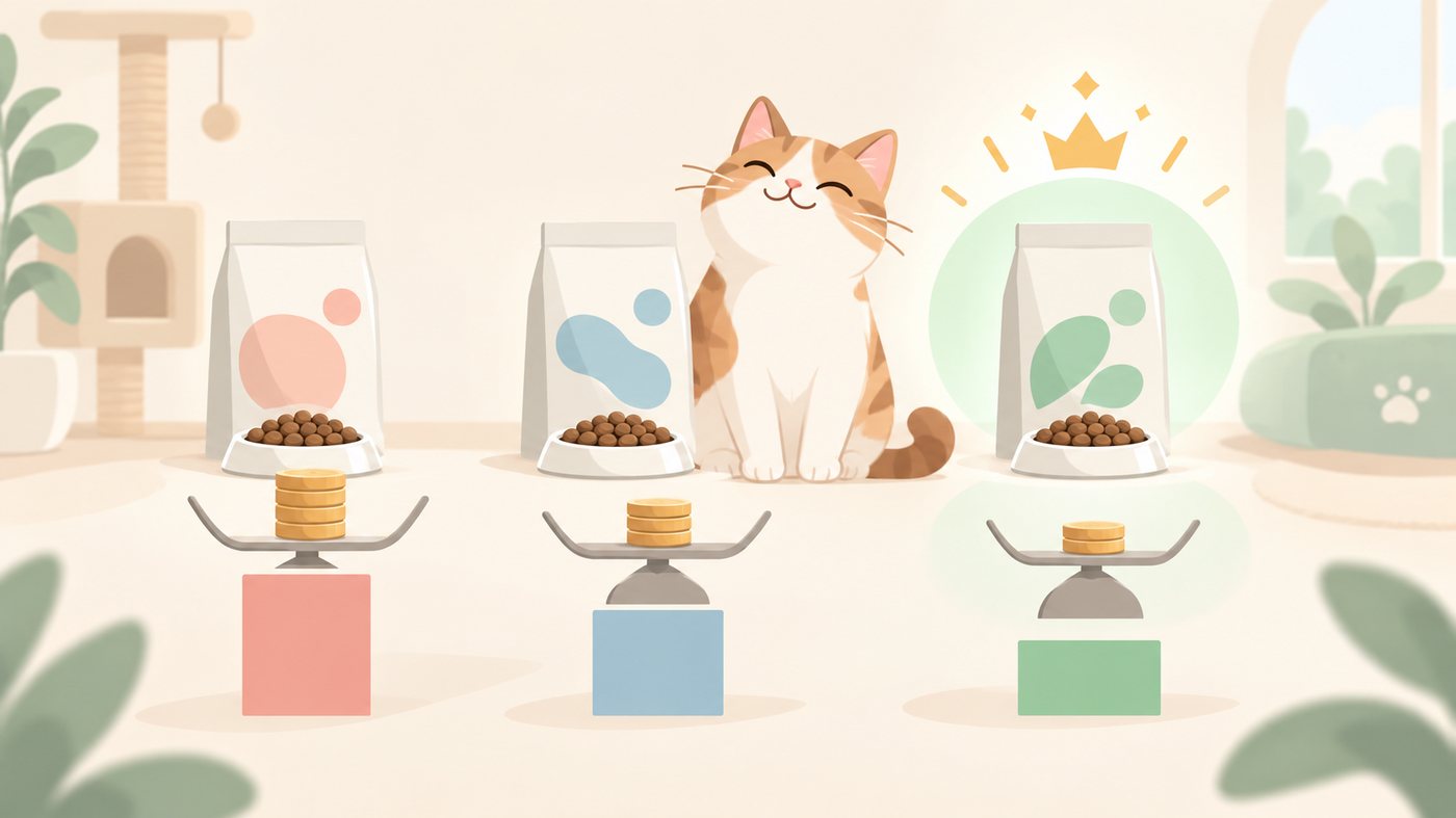 フードの袋と計量カップの前に座る猫のイラスト