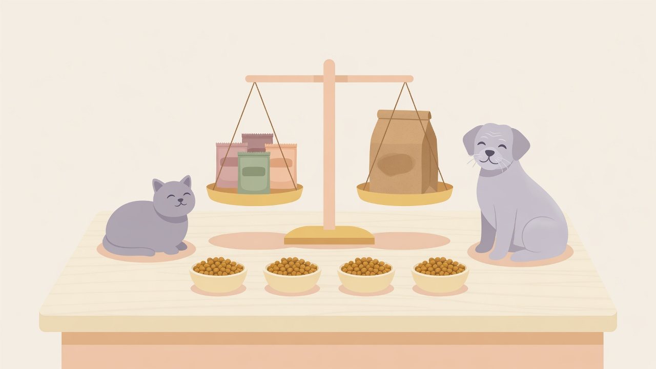 猫用と犬用の商品を分けて比べるイラスト