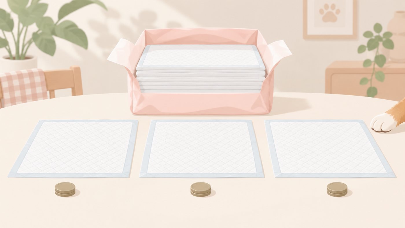 ペットシーツの袋と1枚あたりの価格を見比べるイラスト