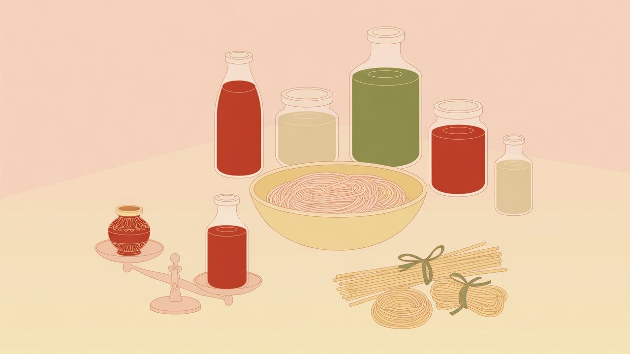 パスタソースの合計gから1gあたりを計算するイラスト