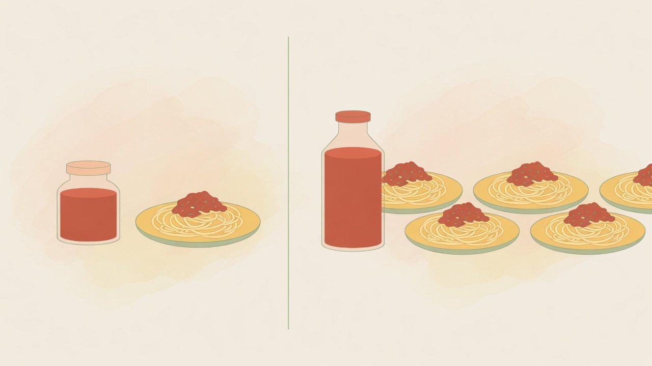 パスタソースと大豆ミート具材を別枠に分けるイラスト