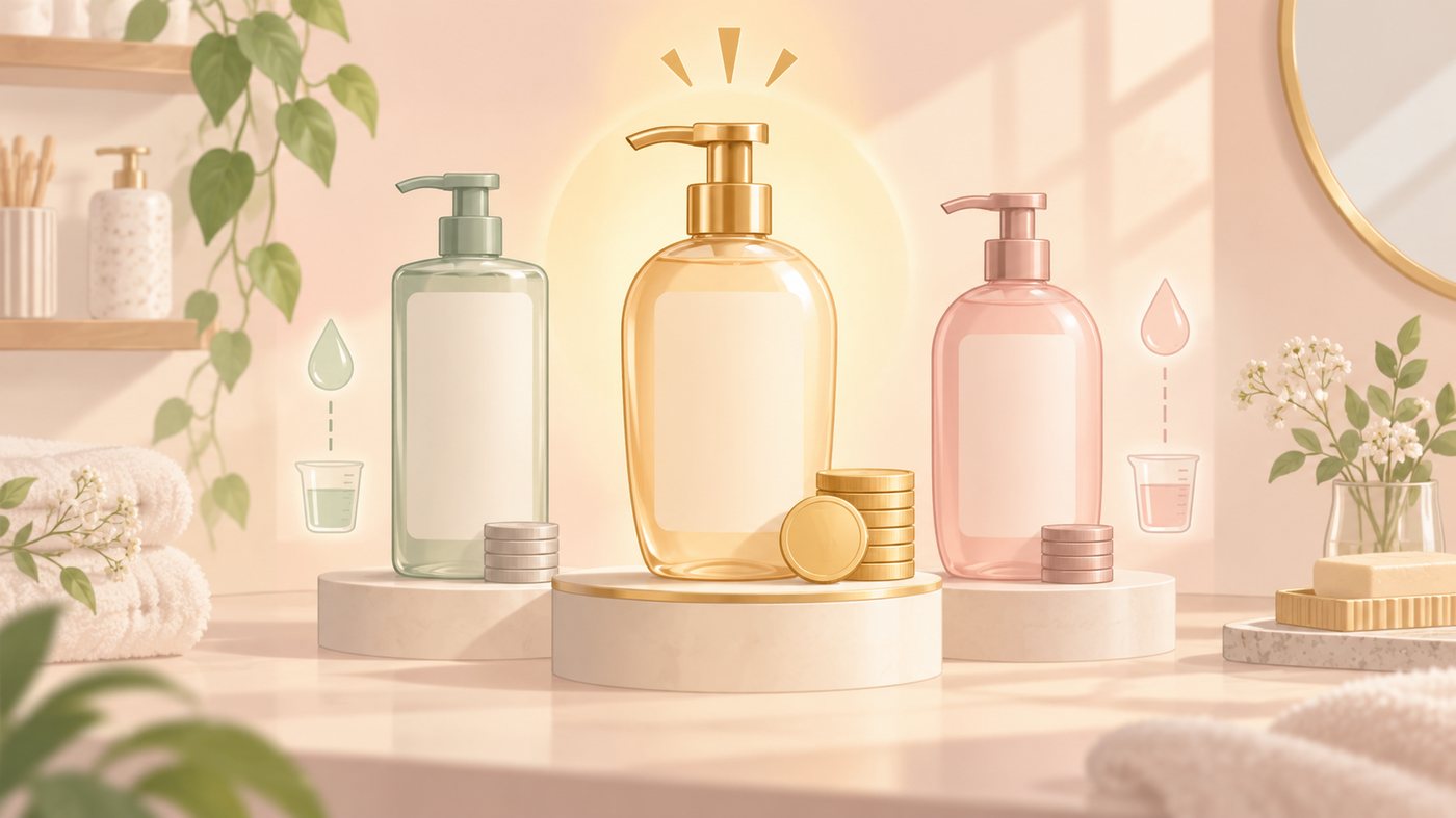 シャンプーの価格を1gあたりに割り戻して比べるイラスト