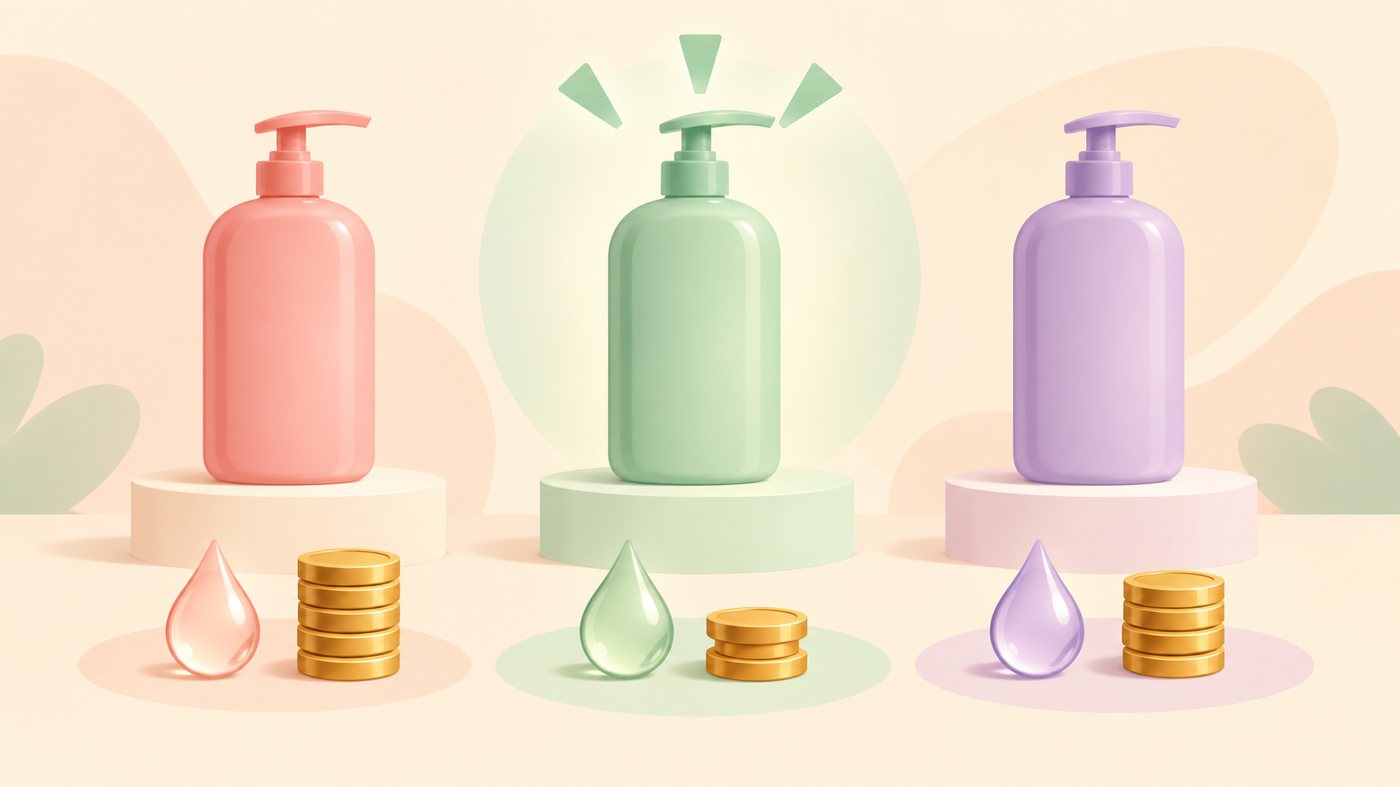 詰め替え用シャンプーの袋と1mLあたりの単価を計算するイラスト