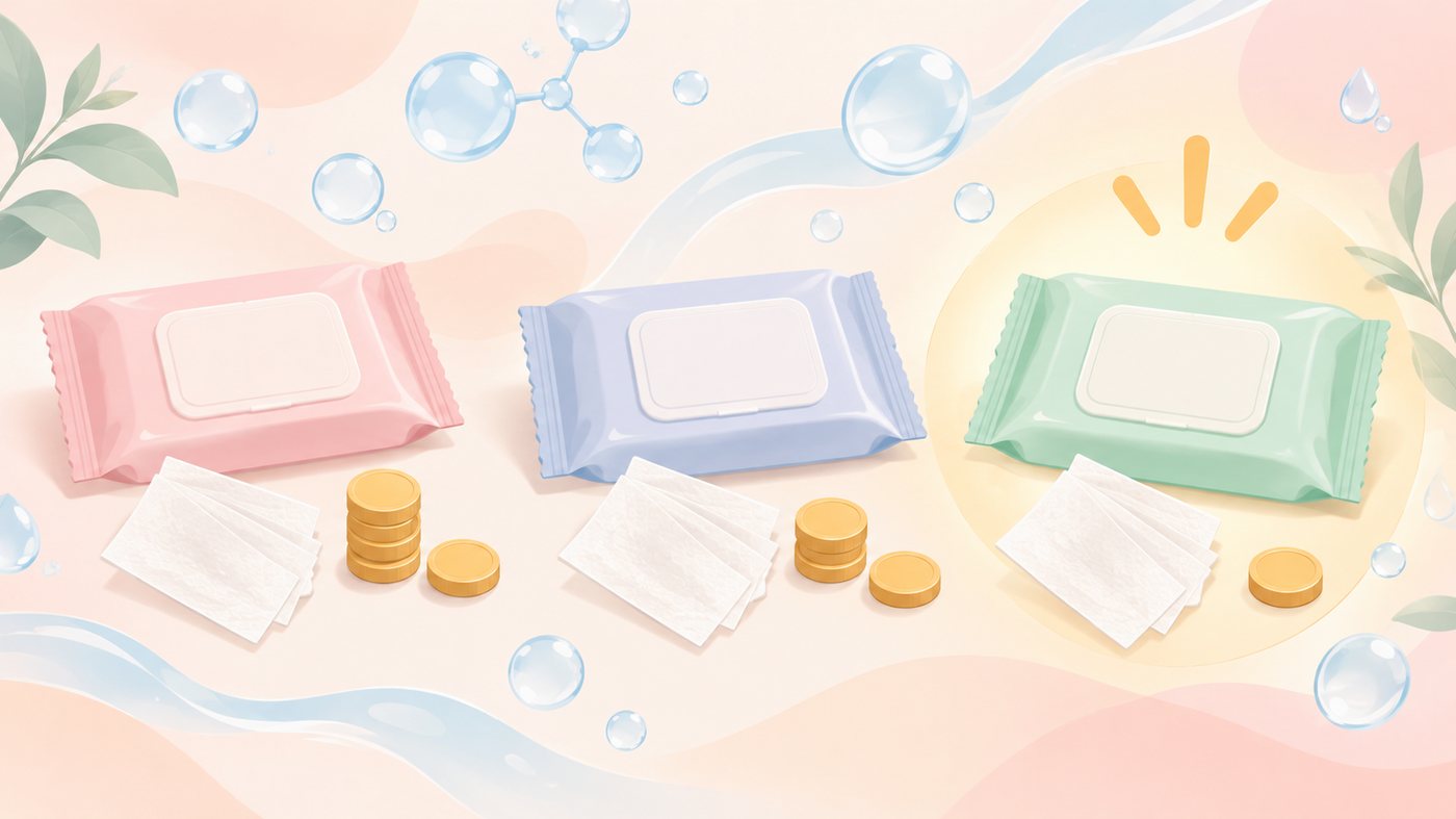 浴室の棚に詰め替え用の袋を置き場所ぶんだけ並べるイラスト