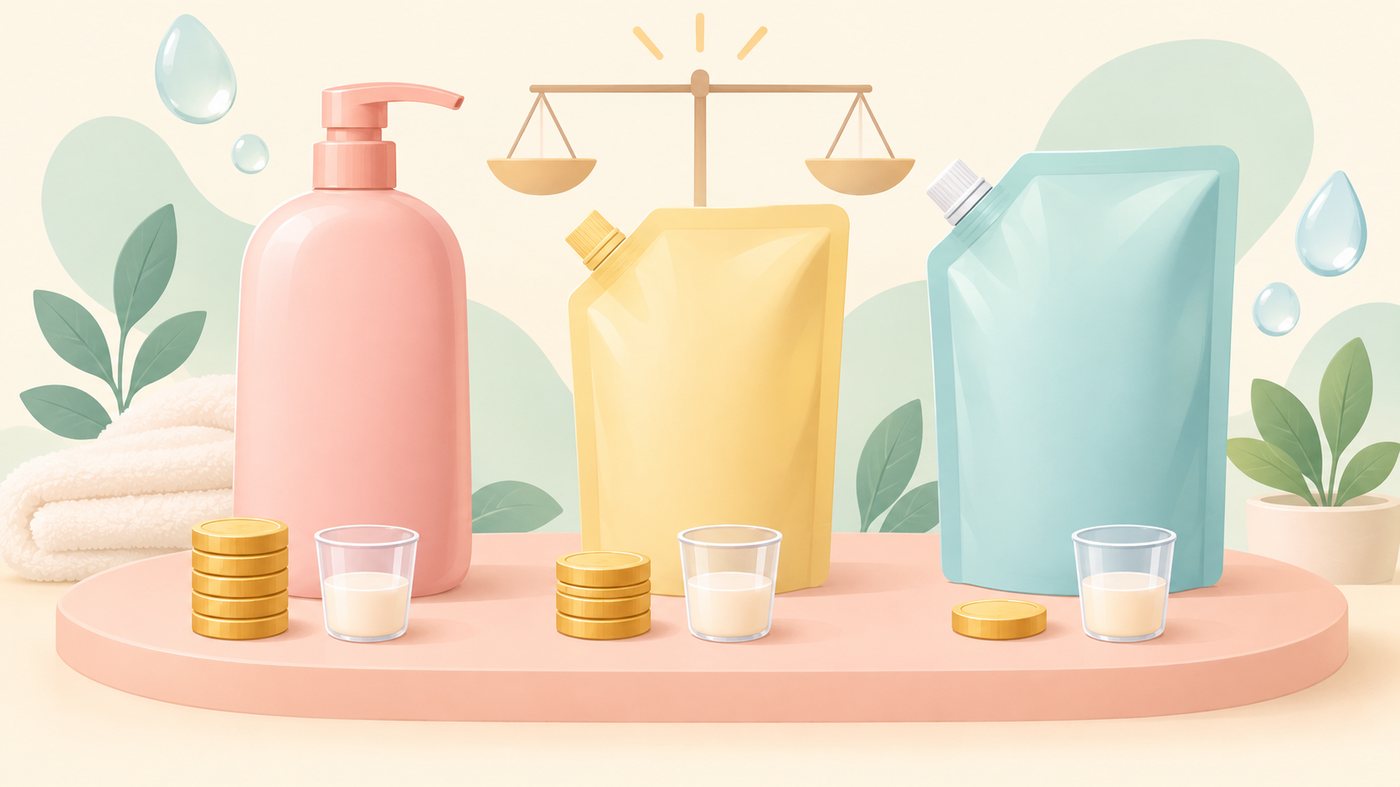 洗面所に並んだ詰替用シャンプーの袋のイラスト