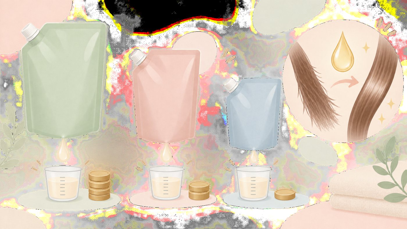 詰め替え用シャンプーの袋が並ぶイラスト