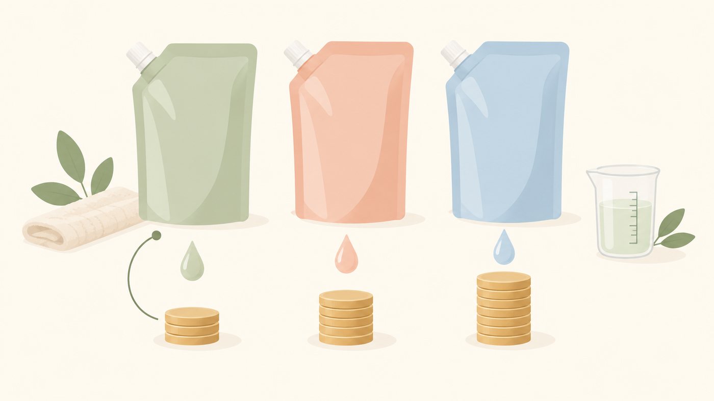 詰替用シャンプーの袋を並べて量を比べるイラスト