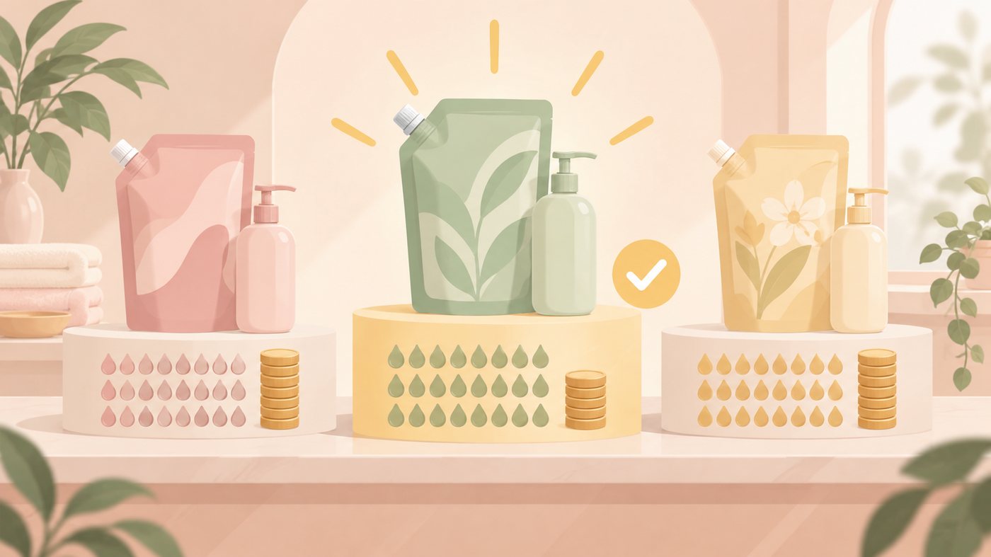 少量とまとめ買いで詰替の置き場所が変わることを示すイラスト