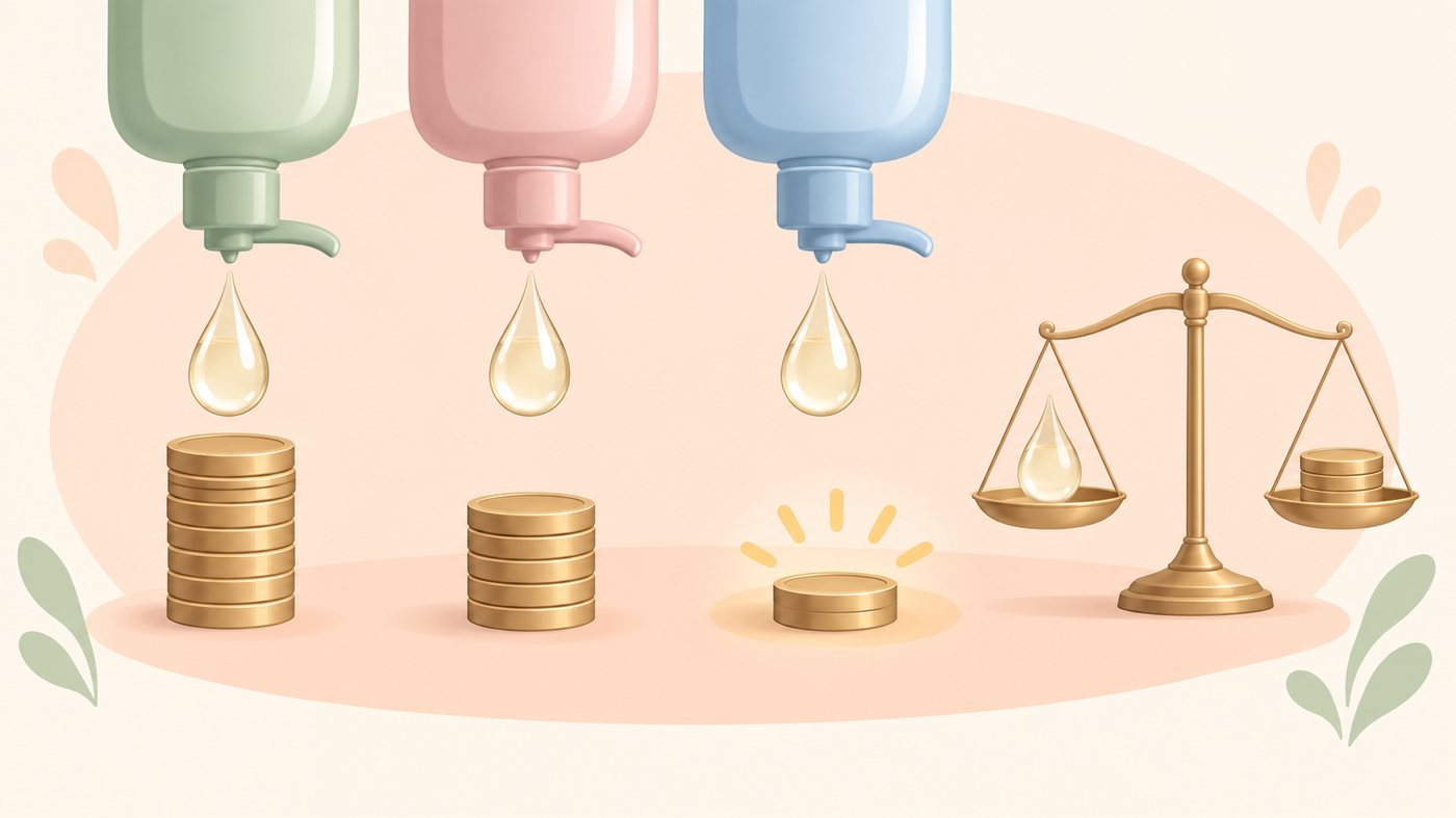 シャンプーの袋の容量と単価を比べるイラスト