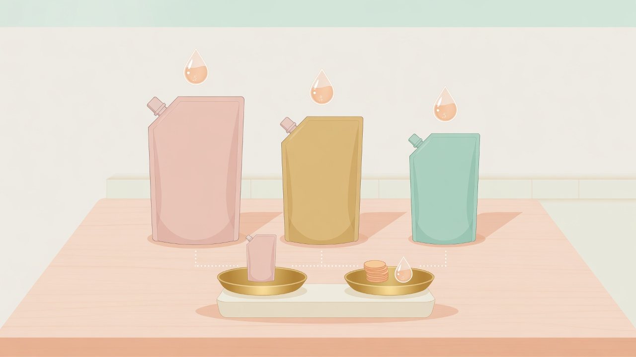 容量の違う詰め替え袋を1gあたりに換算するイラスト