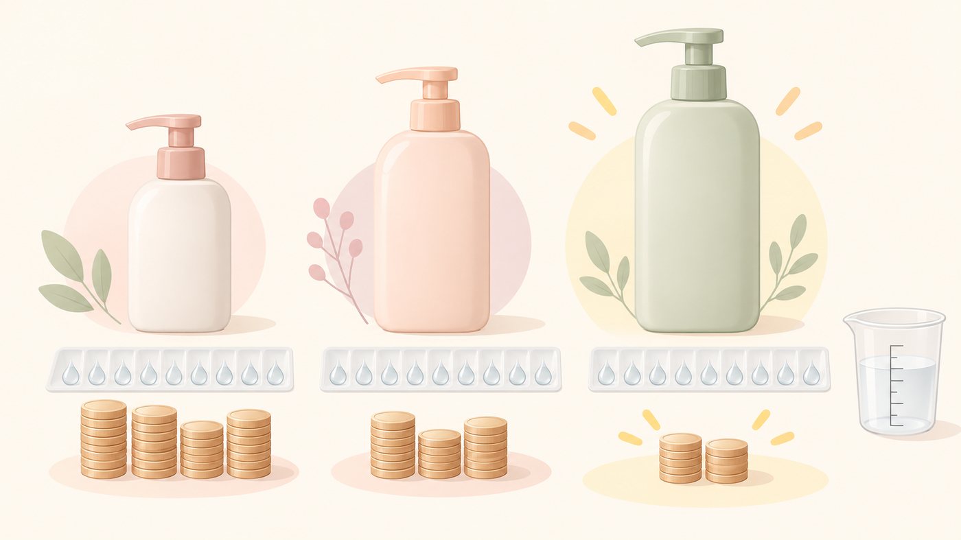 詰替の容量と袋数から1mLあたりを計算するイラスト