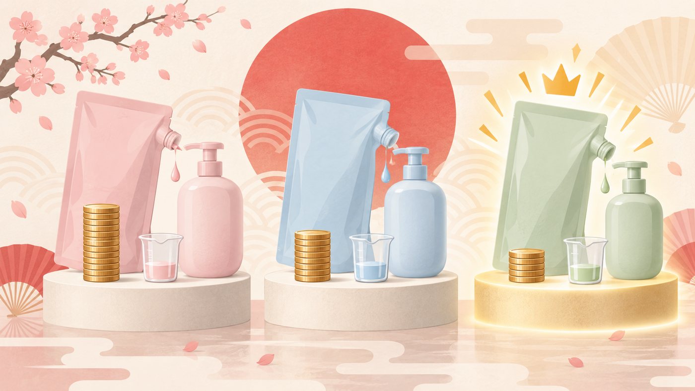 シャンプーの詰替袋を並べて単価を比べるイラスト