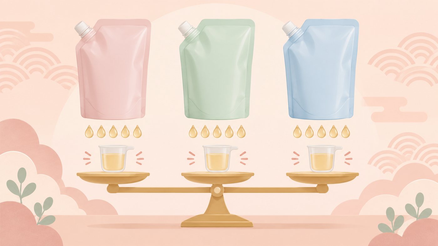 詰替の袋を棚に並べて置き場所を確かめるイラスト