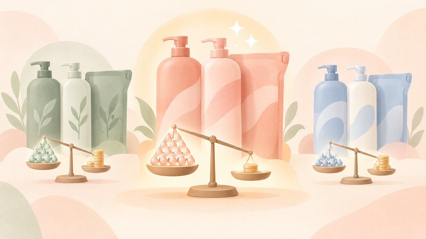 詰替と業務用を1mLあたりの単価で比べるイラスト