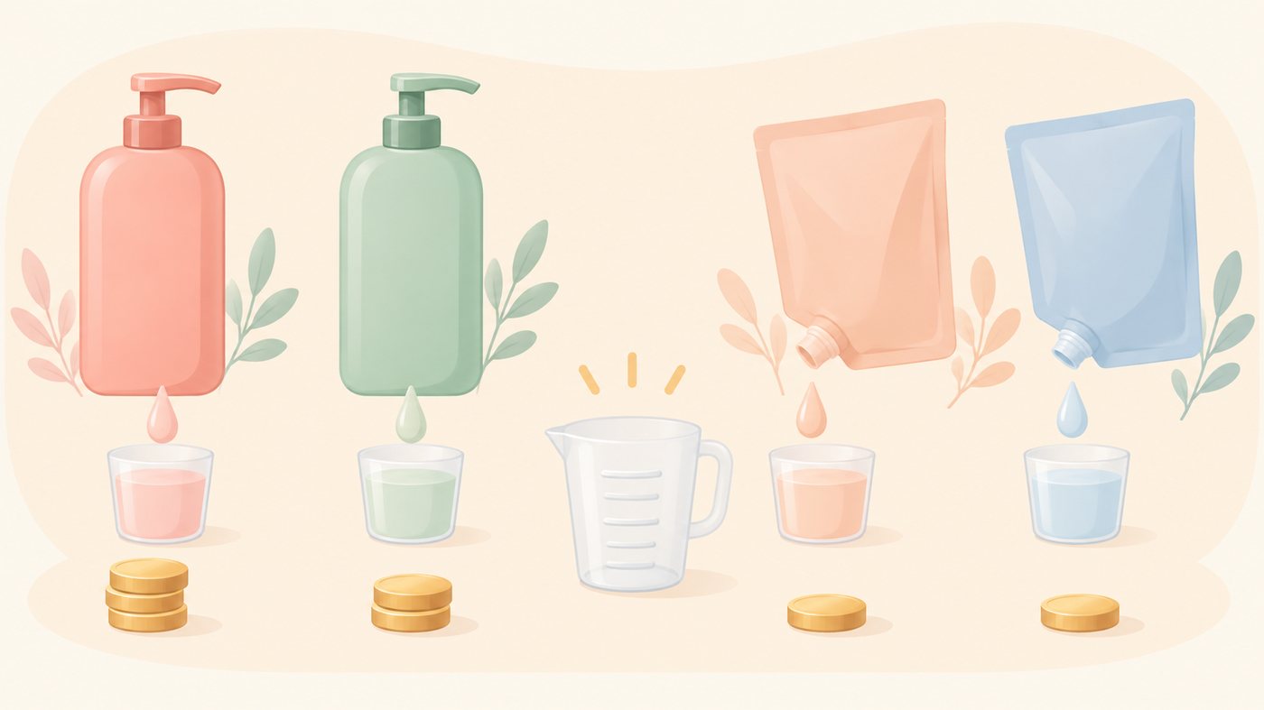 詰替の袋数と業務用の容器を並べたイラスト