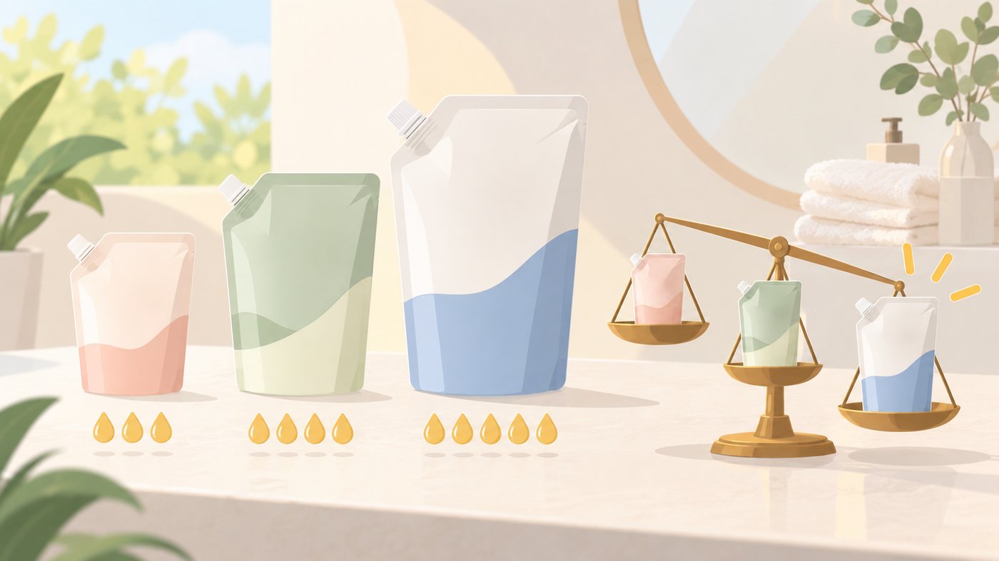 つめかえ用シャンプーの袋が棚に並んでいるイラスト