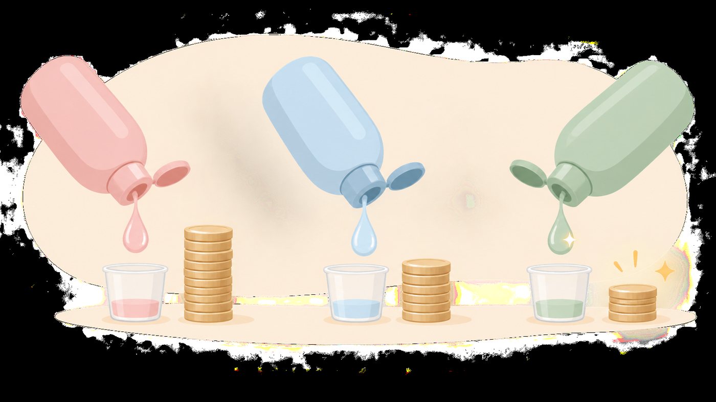 詰め替え袋の容量を1mLあたりに割り戻すイラスト