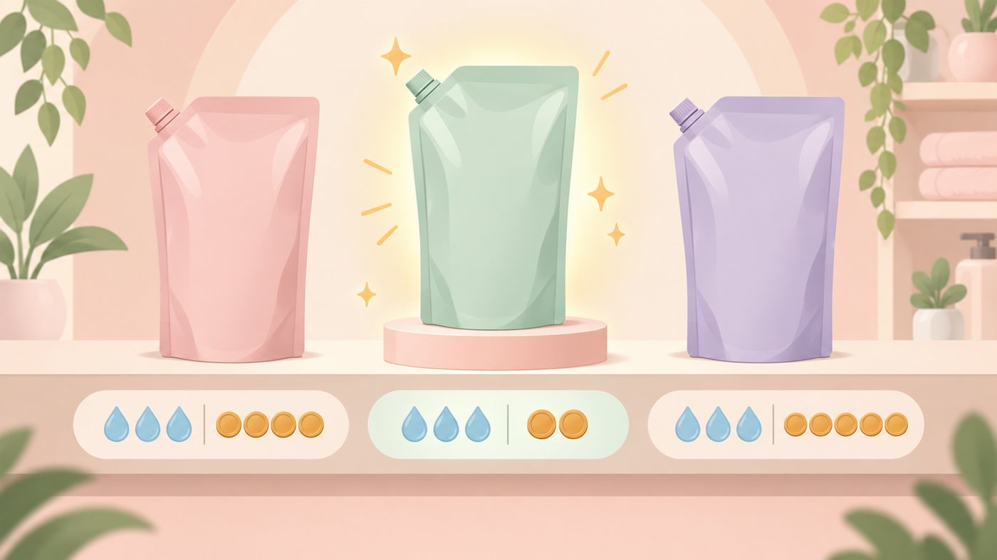詰め替え用シャンプーの袋が並ぶイラスト