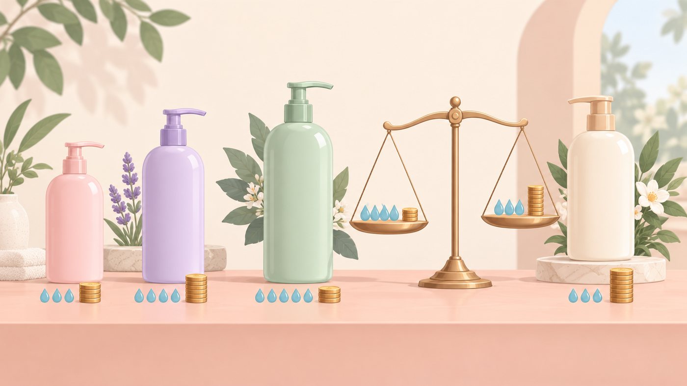 詰め替え用シャンプーを荷姿で分けるイラスト