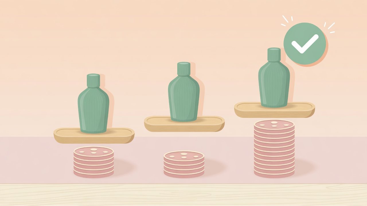 シャンプーの詰替袋が並ぶ洗面所のイラスト