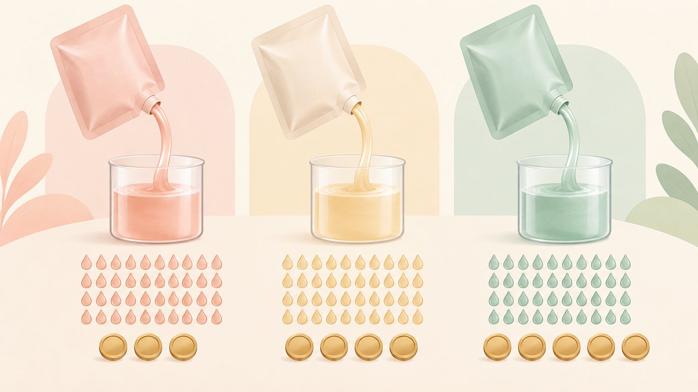 詰替シャンプーの袋を1mLあたりの単価で比べるイラスト