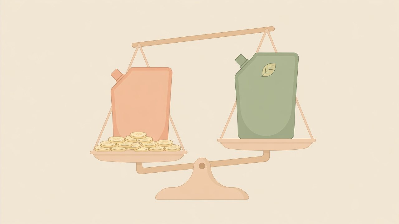 詰替パックの容量と価格を見比べるイラスト