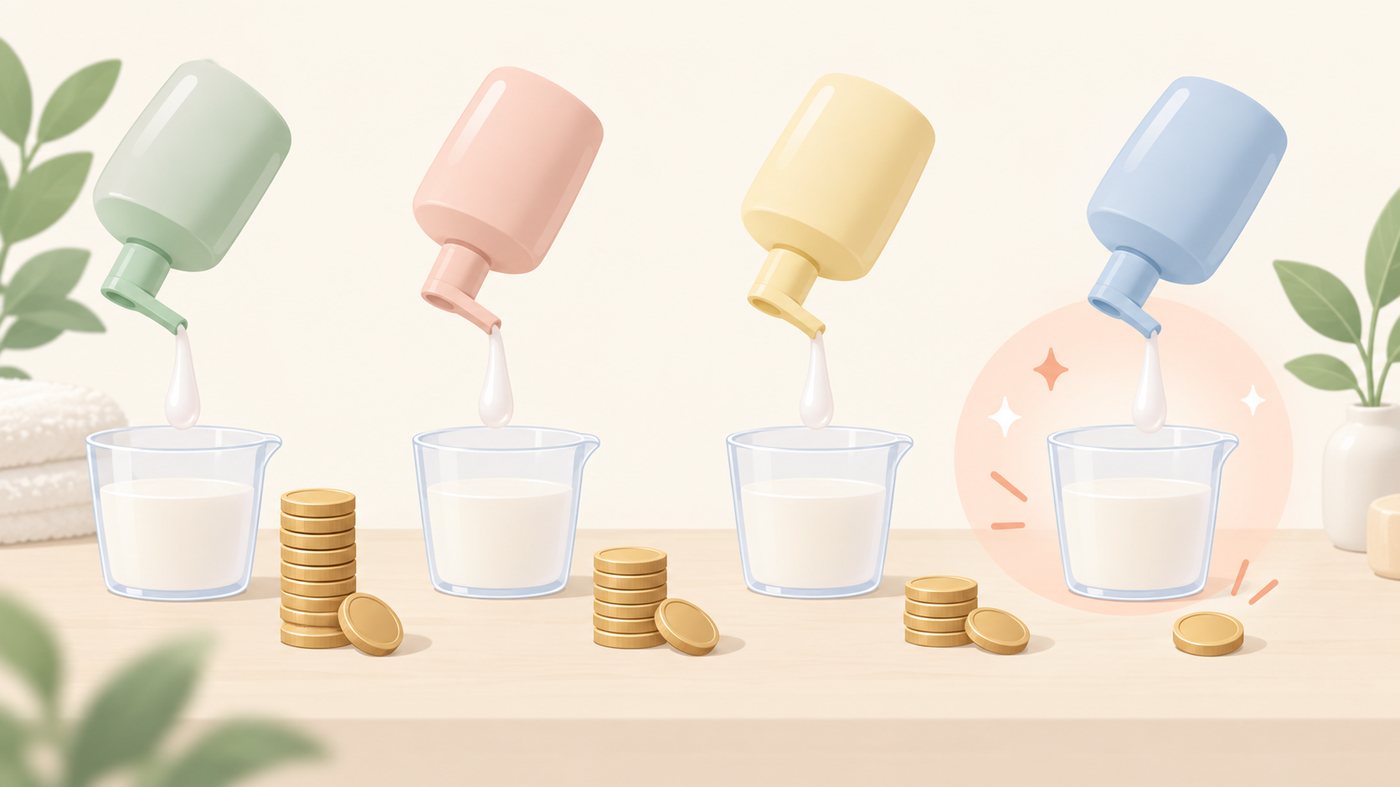 詰め替えシャンプーの容量を単価に割り戻すイラスト