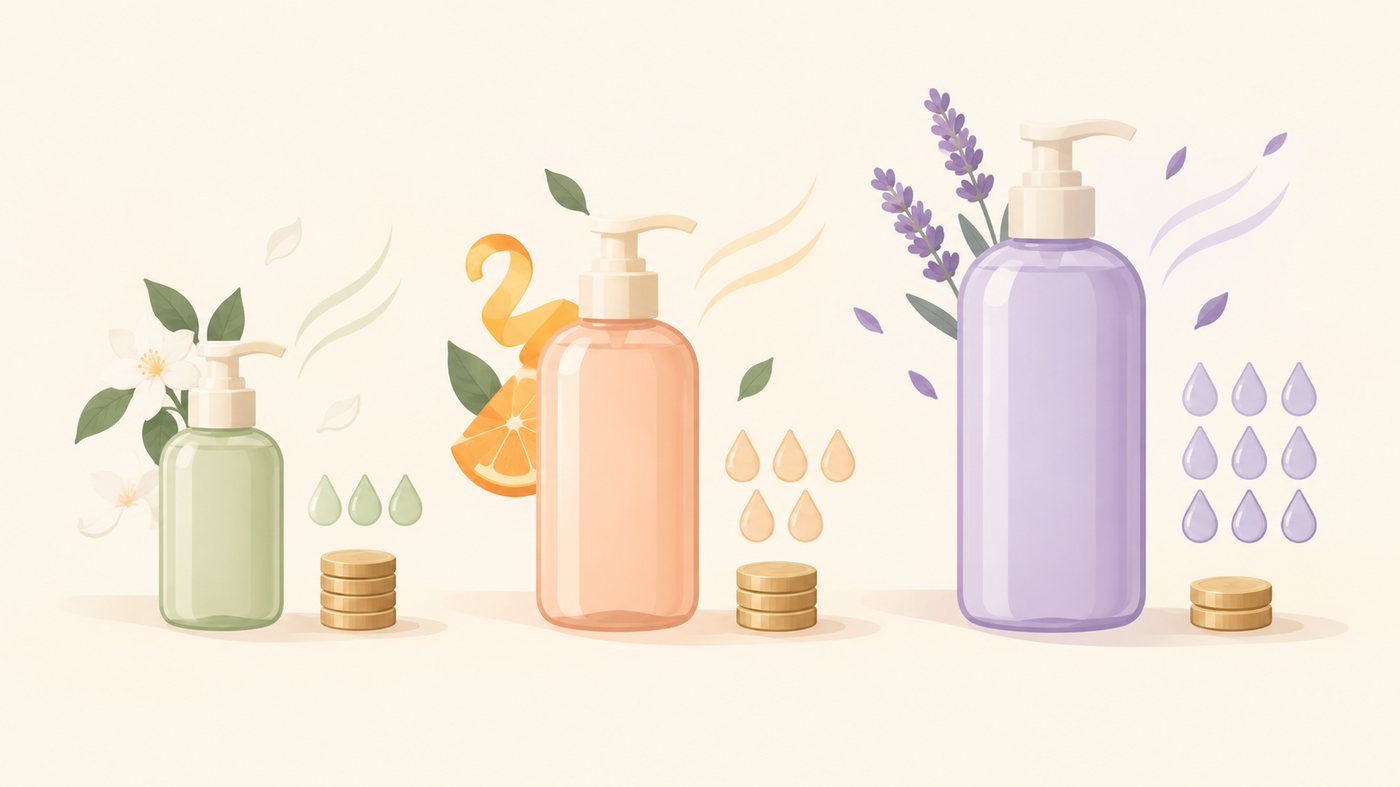 シャンプーの容量と単価を比べるイラスト