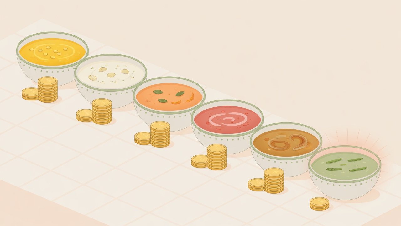 JAふらのスープカレーとポタージュを袋のgごとに並べたイラスト
