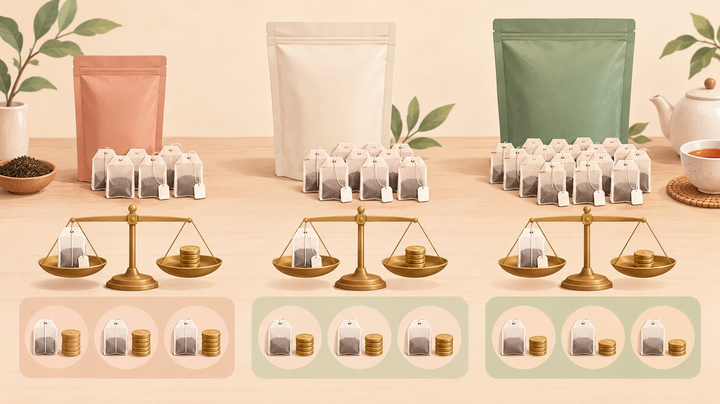 容量帯と荷姿で三角ティーバッグを分けるイラスト