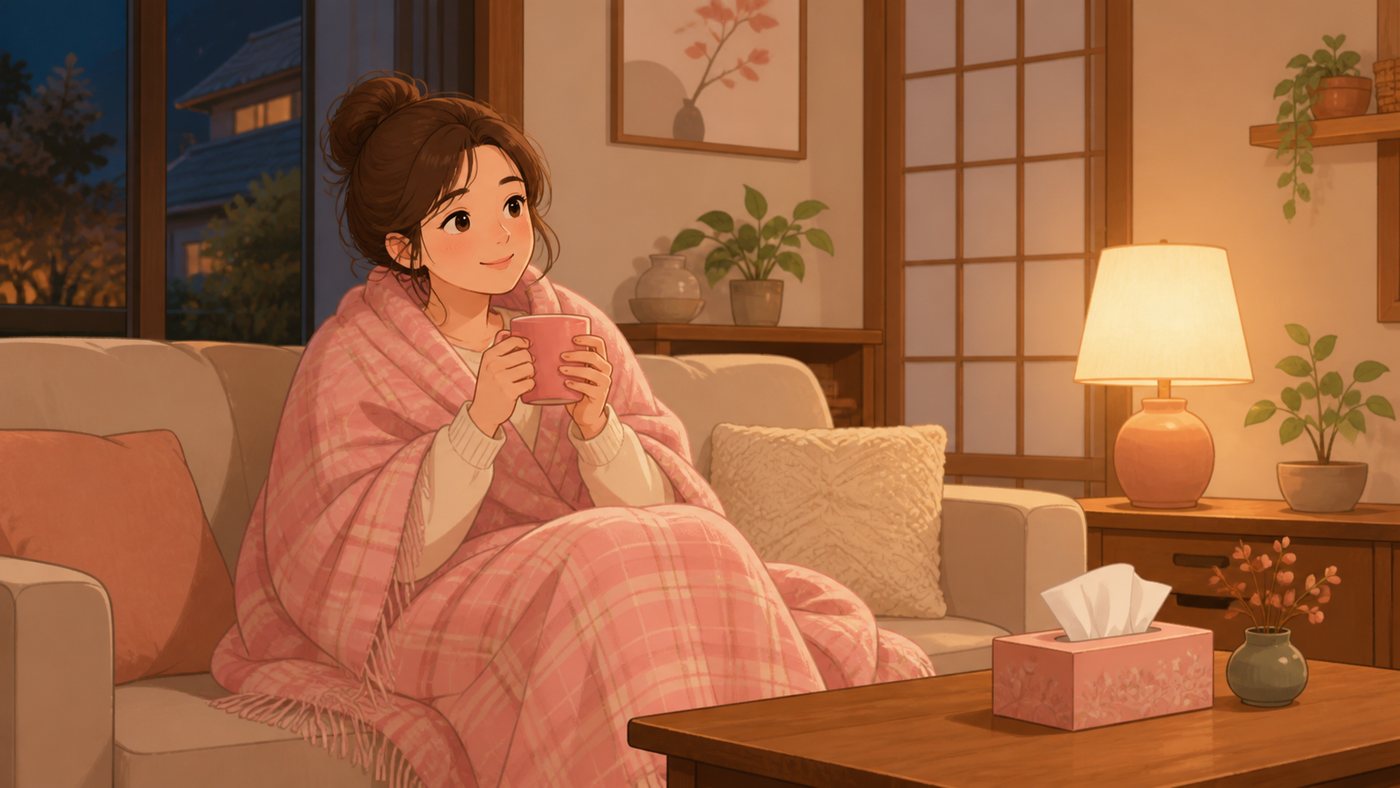 ブランケットにくるまってくつろぐ人のイラスト